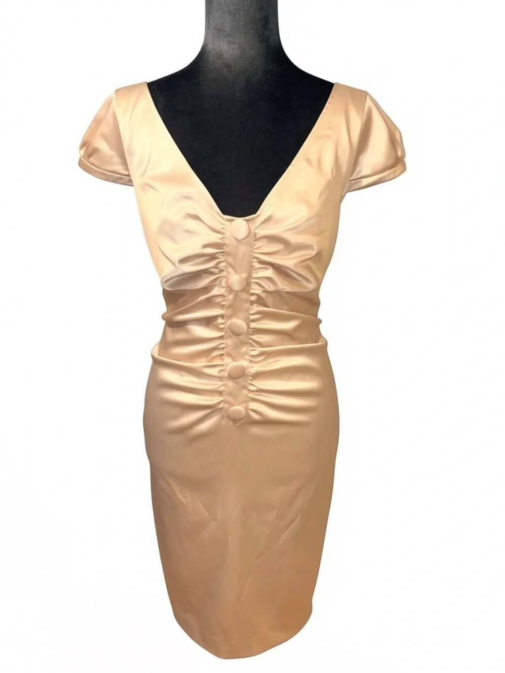 Ellen Tracy Champagne Satin Ruched Front V-Neck Cap Sleeve Sheath Dress